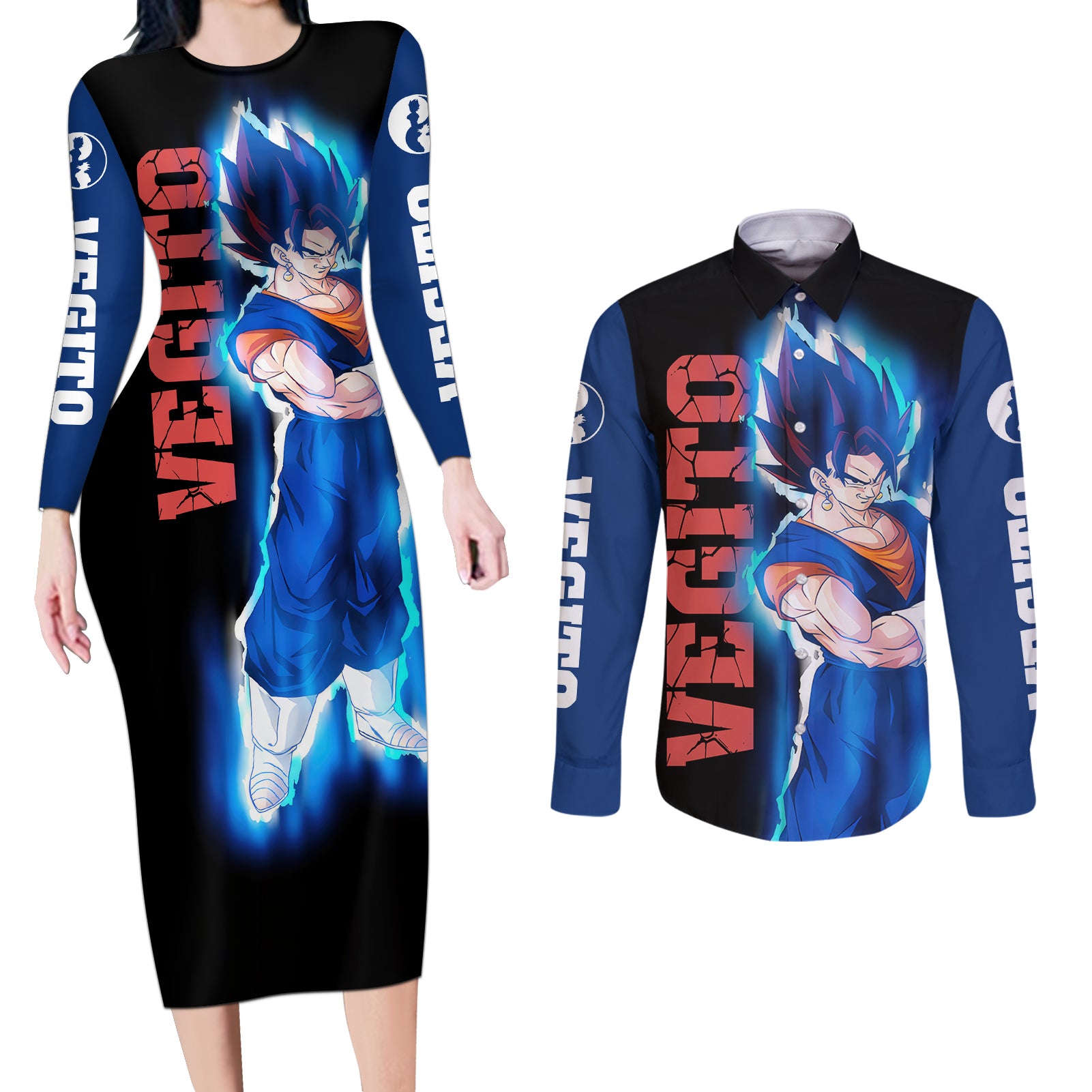 Vegito - Dragon Ball Couples Matching Long Sleeve Bodycon Dress and Long Sleeve Button Shirt