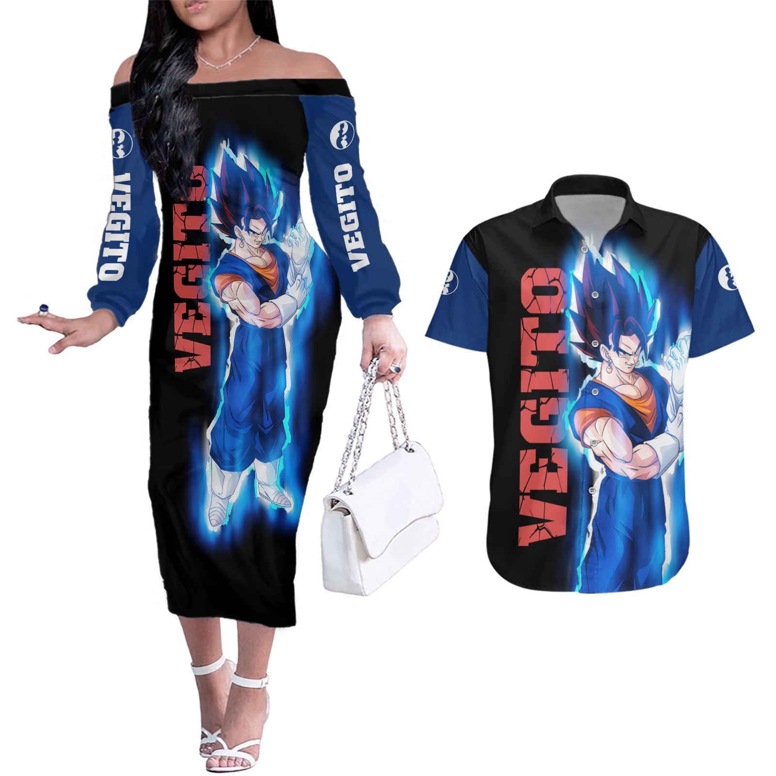 Vegito - Dragon Ball Couples Matching Off The Shoulder Long Sleeve Dress and Hawaiian Shirt