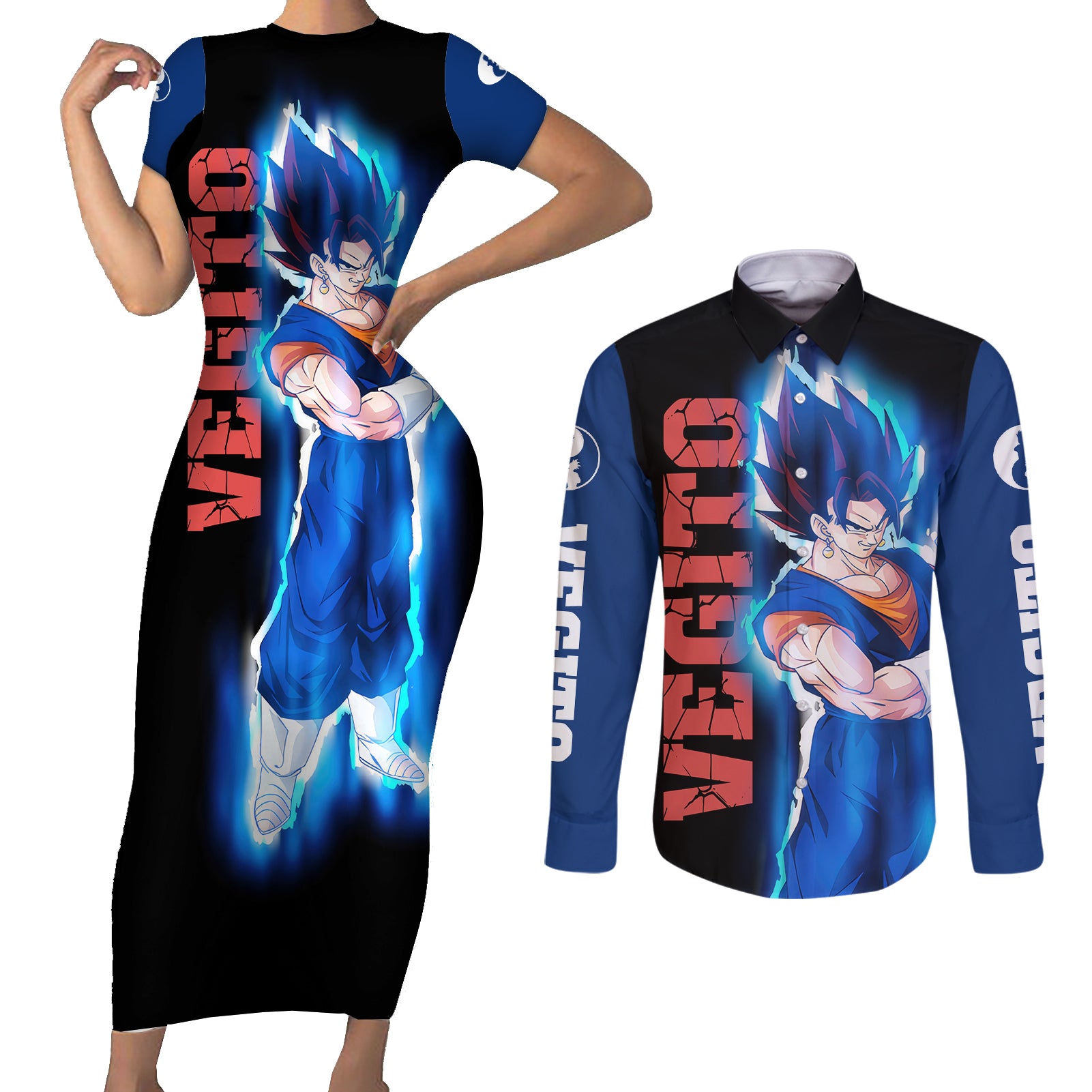 Vegito - Dragon Ball Couples Matching Short Sleeve Bodycon Dress and Long Sleeve Button Shirt