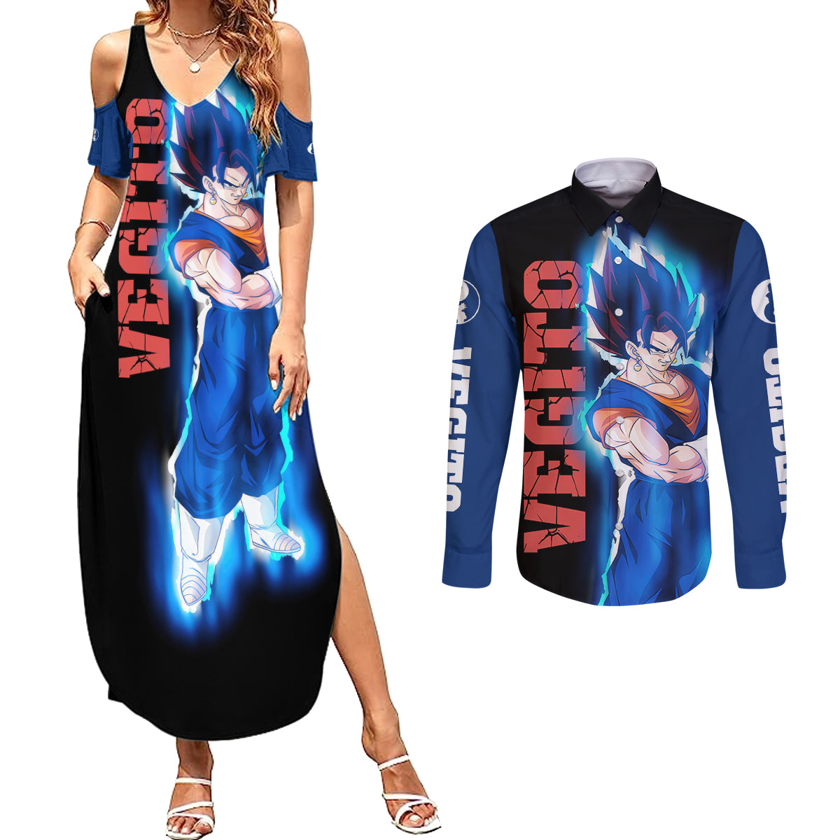 Vegito - Dragon Ball Couples Matching Summer Maxi Dress and Long Sleeve Button Shirt