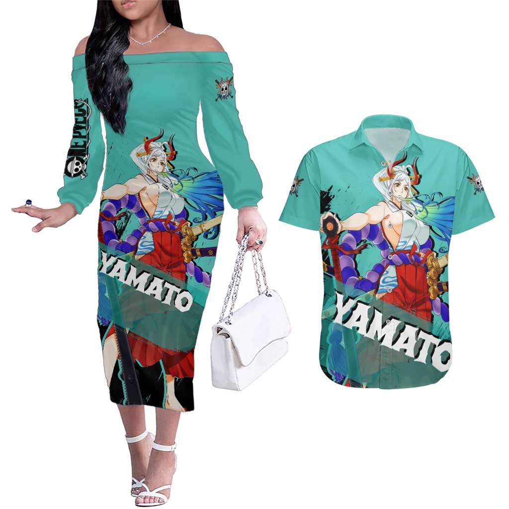 Yamato - One Piece Couples Matching Off The Shoulder Long Sleeve Dress and Hawaiian Shirt Anime Style