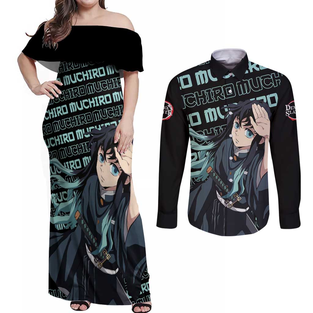 Muichiro Tokito - Demon Slayer Couples Matching Off Shoulder Maxi Dress and Long Sleeve Button Shirt Anime Mix Pattern Style