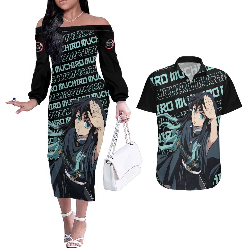 Muichiro Tokito - Demon Slayer Couples Matching Off The Shoulder Long Sleeve Dress and Hawaiian Shirt Anime Mix Pattern Style