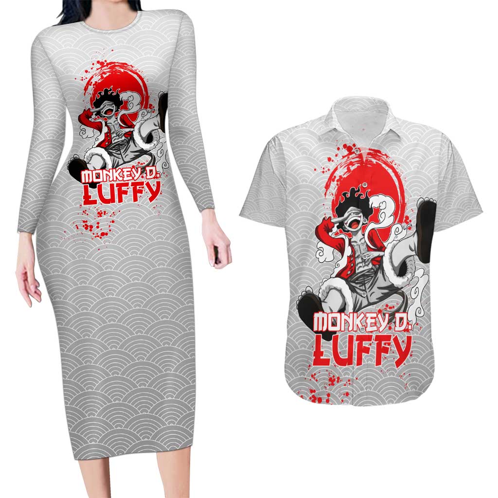Luffy - One Piece Couples Matching Long Sleeve Bodycon Dress and Hawaiian Shirt Anime Style