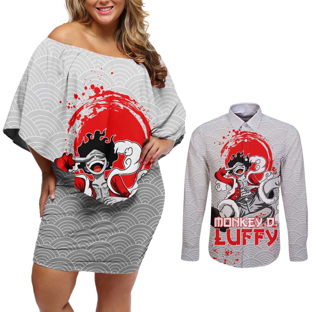 Luffy - One Piece Couples Matching Off Shoulder Short Dress and Long Sleeve Button Shirt Anime Style