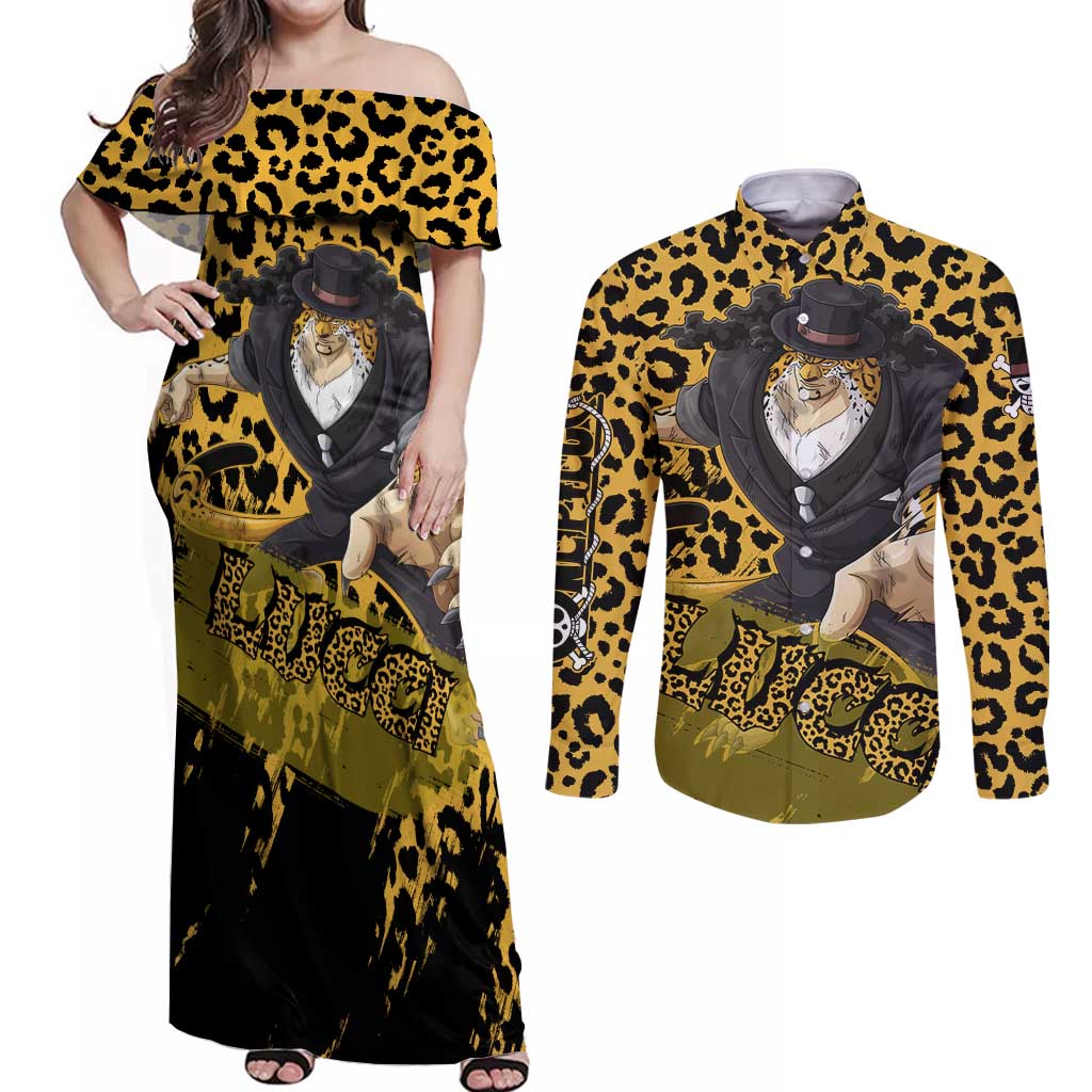 Rob Lucci - One Piece Couples Matching Off Shoulder Maxi Dress and Long Sleeve Button Shirt Anime Style