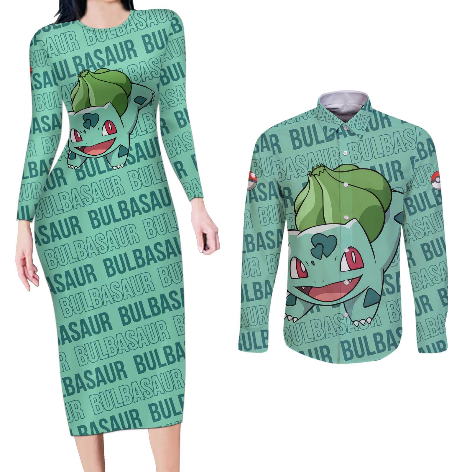 Bulbasaur - Pokemon Couples Matching Long Sleeve Bodycon Dress and Long Sleeve Button Shirt Anime Style