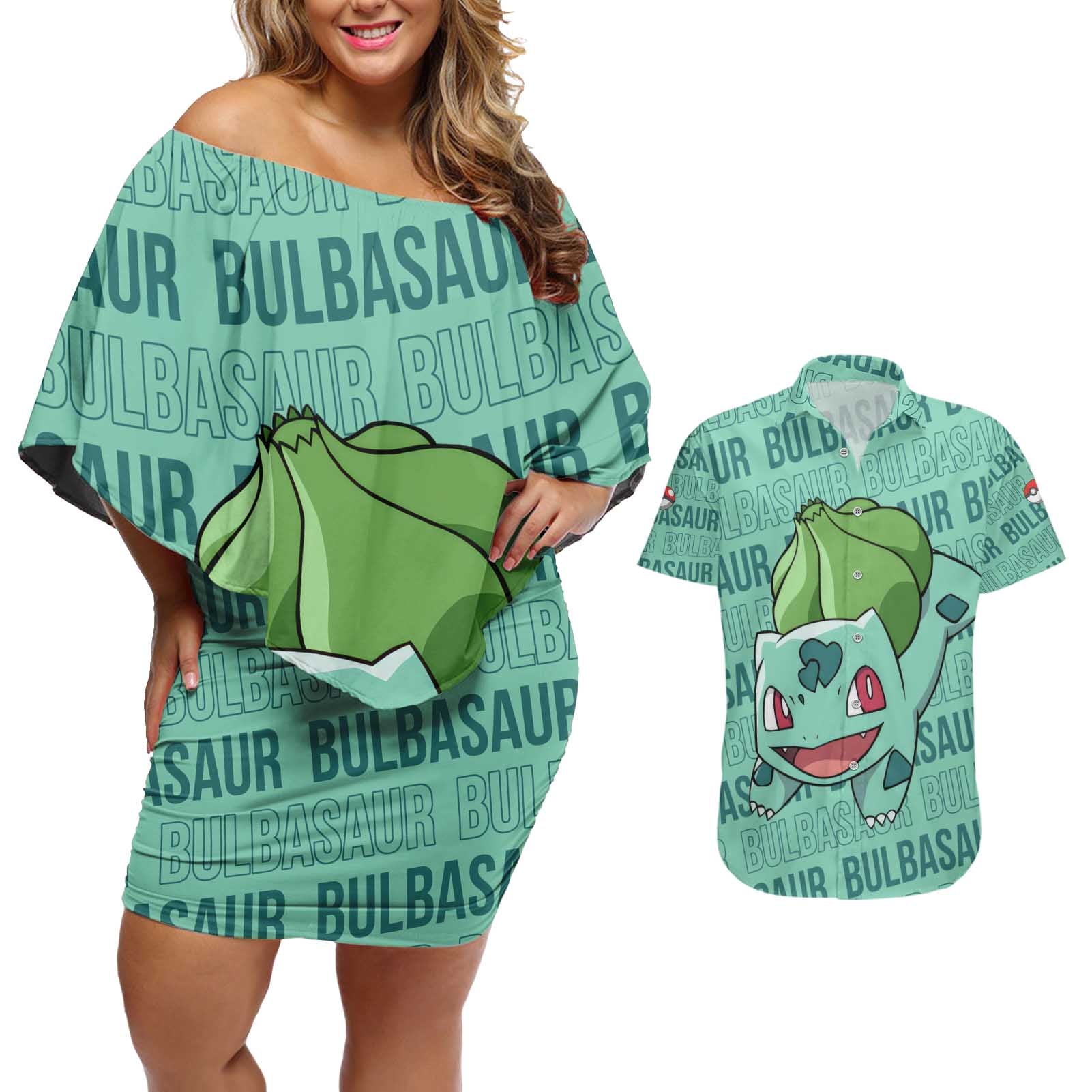 Bulbasaur - Pokemon Couples Matching Off Shoulder Short Dress and Hawaiian Shirt Anime Style