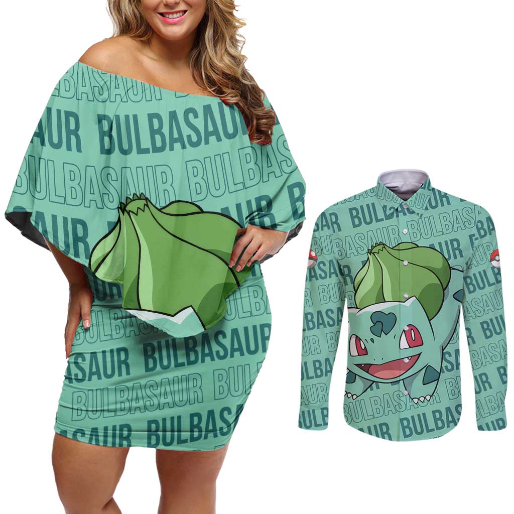 Bulbasaur - Pokemon Couples Matching Off Shoulder Short Dress and Long Sleeve Button Shirt Anime Style