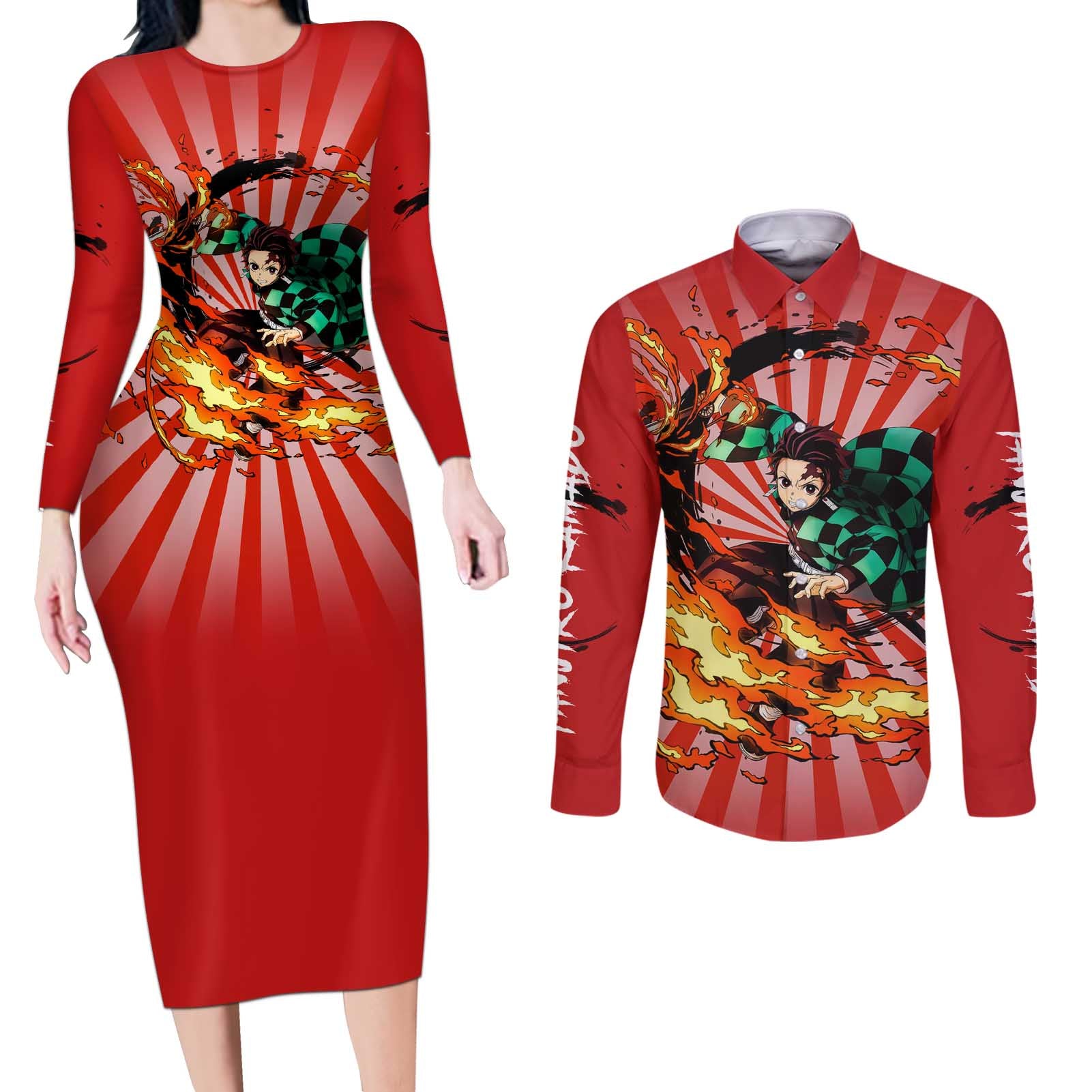 Tanjiro Kamado - Demon Slayer Couples Matching Long Sleeve Bodycon Dress and Long Sleeve Button Shirt Anime Style