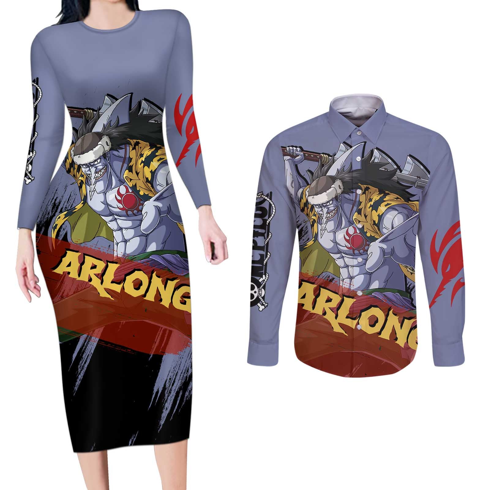 Arlong - One Piece Couples Matching Long Sleeve Bodycon Dress and Long Sleeve Button Shirt Anime Style