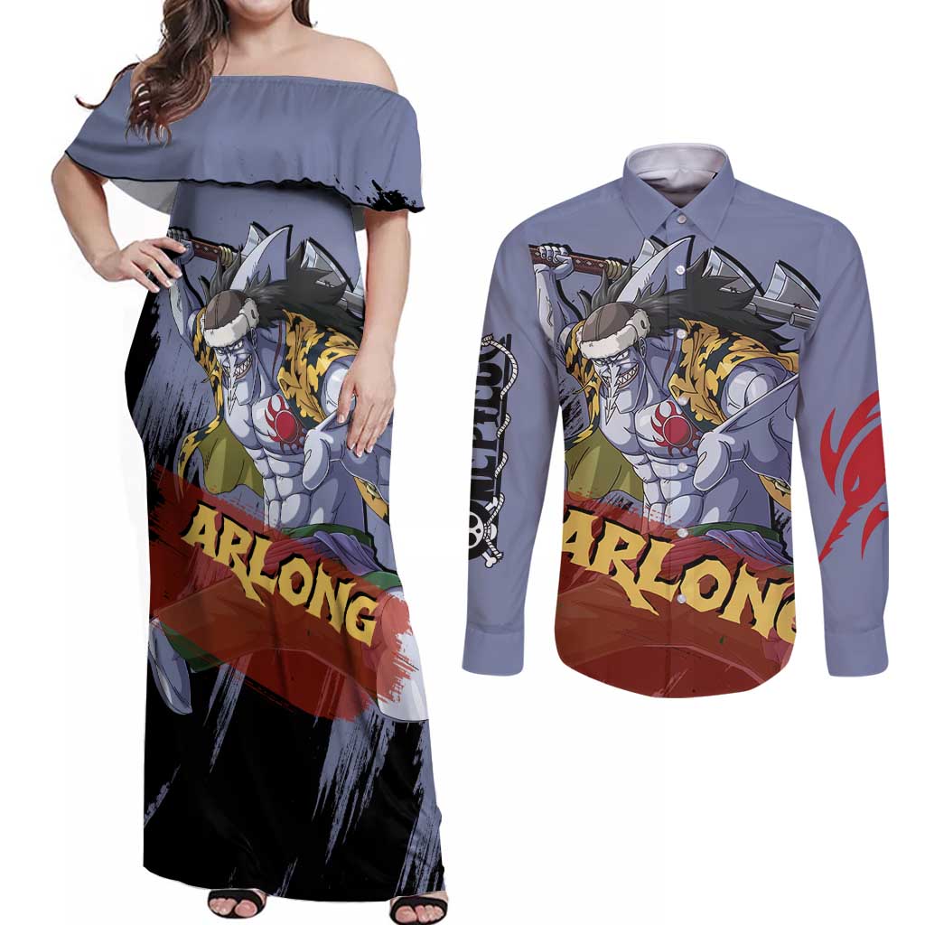 Arlong - One Piece Couples Matching Off Shoulder Maxi Dress and Long Sleeve Button Shirt Anime Style