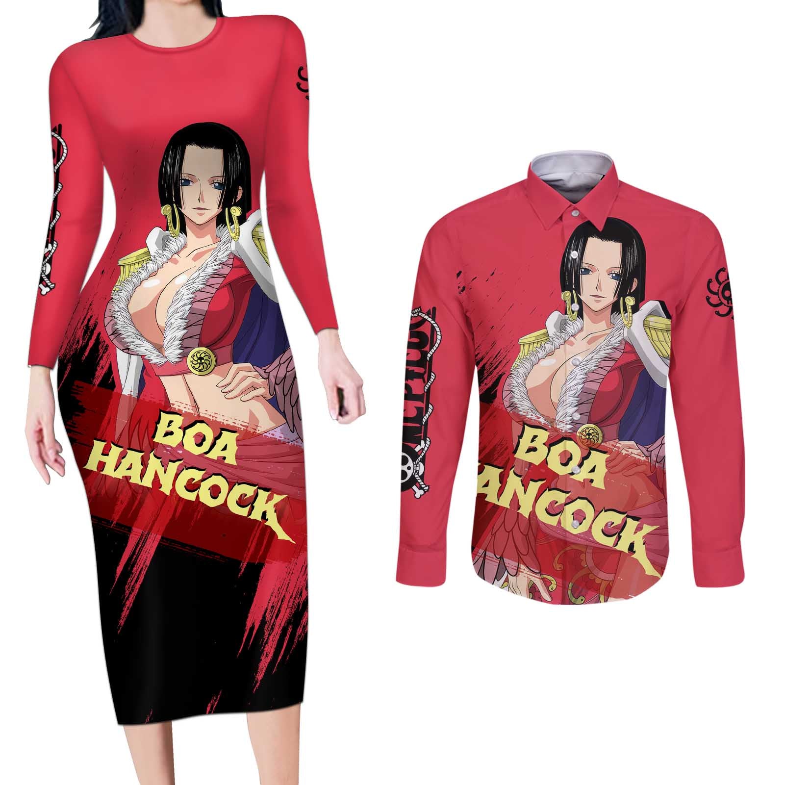 Boa Hancock - One Piece Couples Matching Long Sleeve Bodycon Dress and Long Sleeve Button Shirt Anime Style