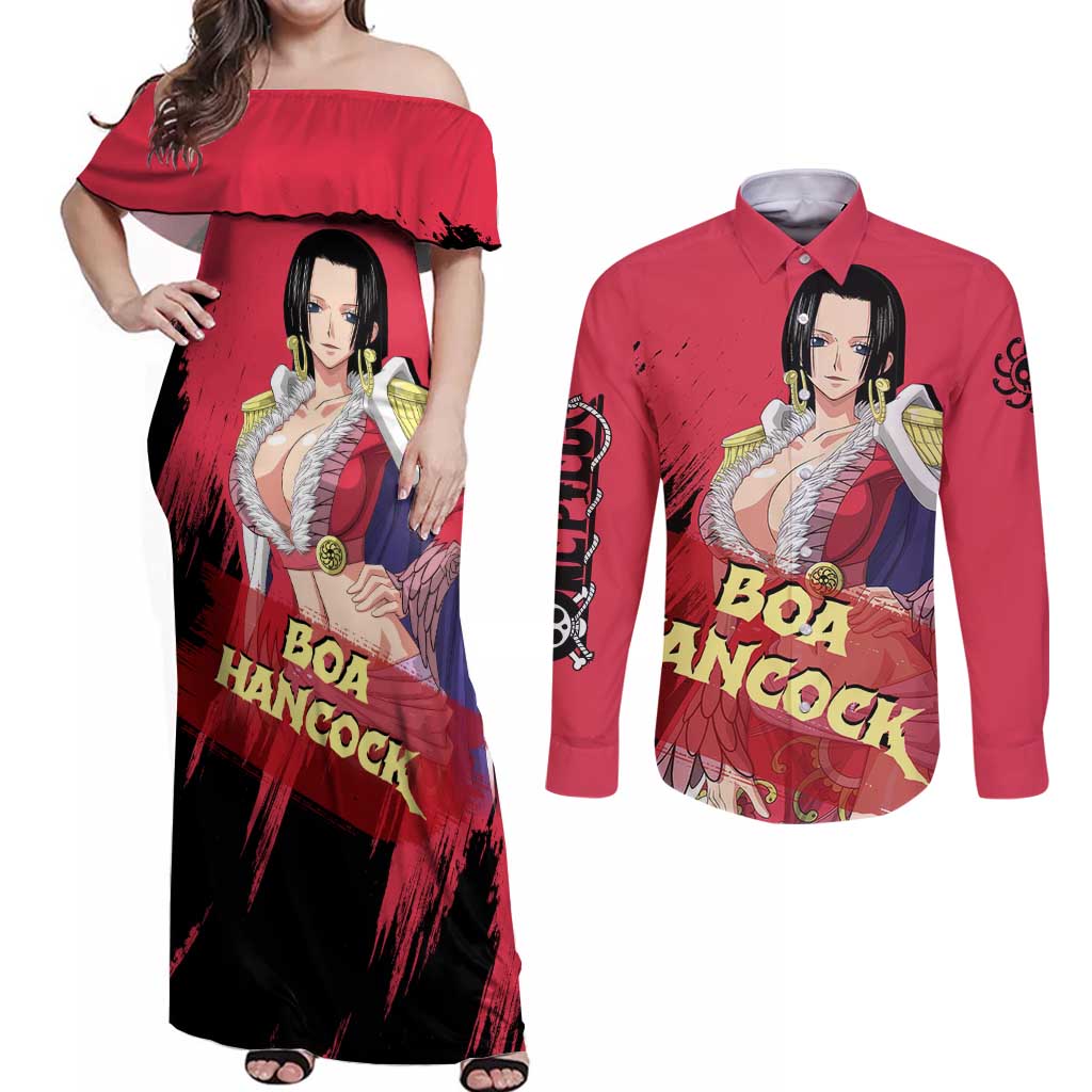 Boa Hancock - One Piece Couples Matching Off Shoulder Maxi Dress and Long Sleeve Button Shirt Anime Style