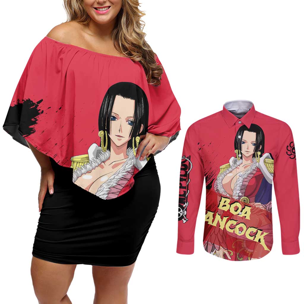 Boa Hancock - One Piece Couples Matching Off Shoulder Short Dress and Long Sleeve Button Shirt Anime Style