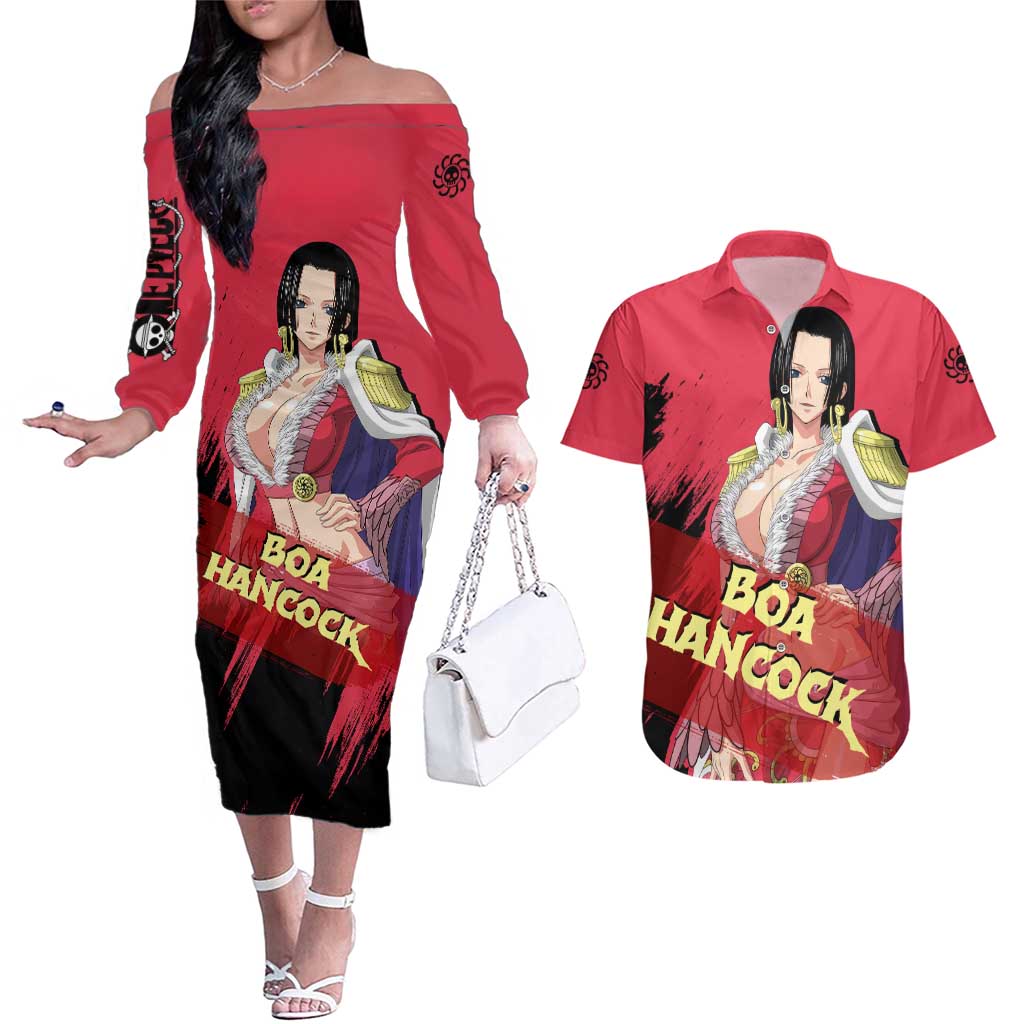 Boa Hancock - One Piece Couples Matching Off The Shoulder Long Sleeve Dress and Hawaiian Shirt Anime Style