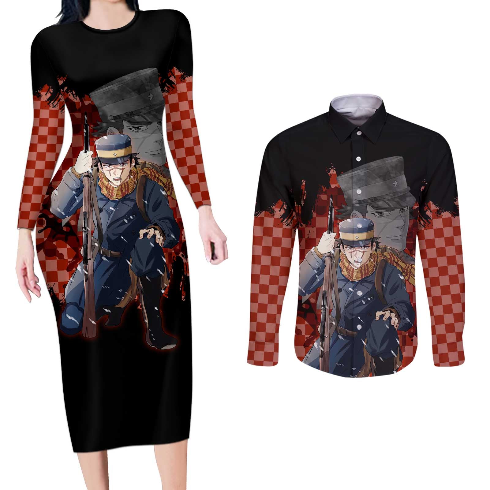 Saichi Sugimoto - Golden Kamuy Couples Matching Long Sleeve Bodycon Dress and Long Sleeve Button Shirt Anime Style