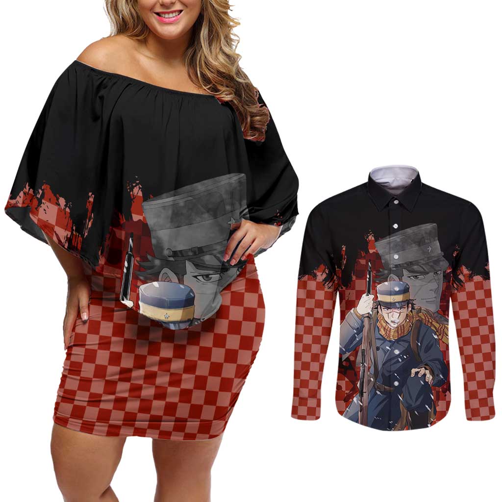 Saichi Sugimoto - Golden Kamuy Couples Matching Off Shoulder Short Dress and Long Sleeve Button Shirt Anime Style