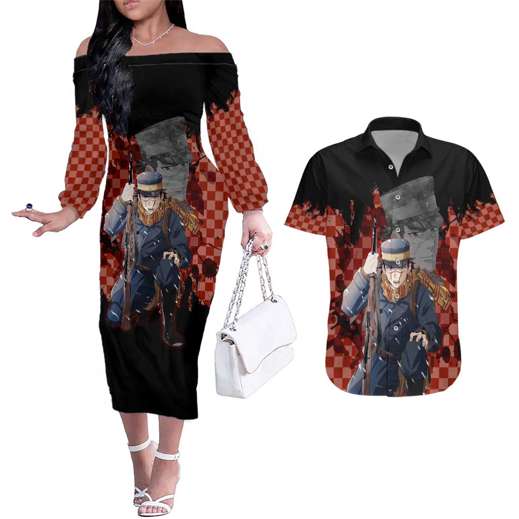 Saichi Sugimoto - Golden Kamuy Couples Matching Off The Shoulder Long Sleeve Dress and Hawaiian Shirt Anime Style