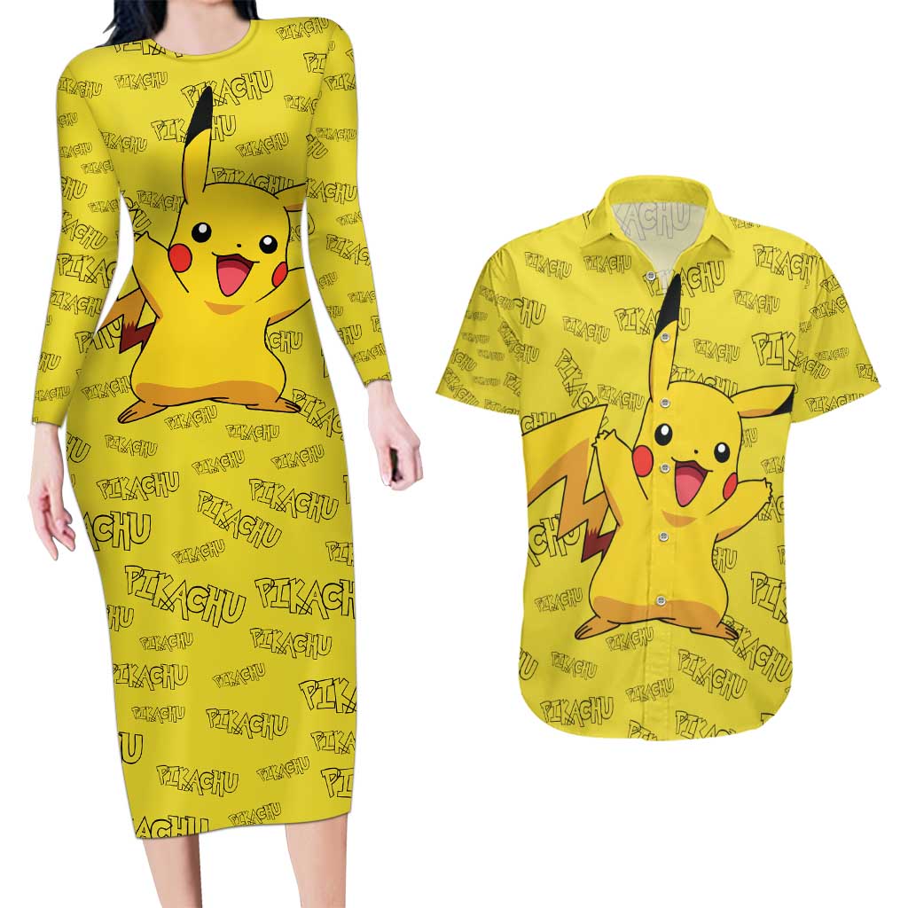 Pikachu - Pokemon Couples Matching Long Sleeve Bodycon Dress and Hawaiian Shirt Anime Mix Pattern Style