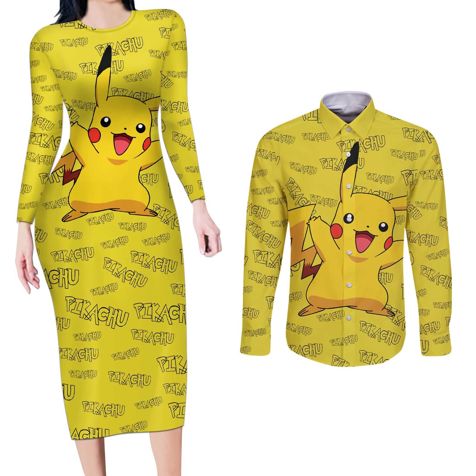 Pikachu - Pokemon Couples Matching Long Sleeve Bodycon Dress and Long Sleeve Button Shirt Anime Mix Pattern Style