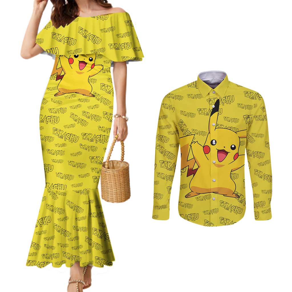 Pikachu - Pokemon Couples Matching Mermaid Dress and Long Sleeve Button Shirt Anime Mix Pattern Style