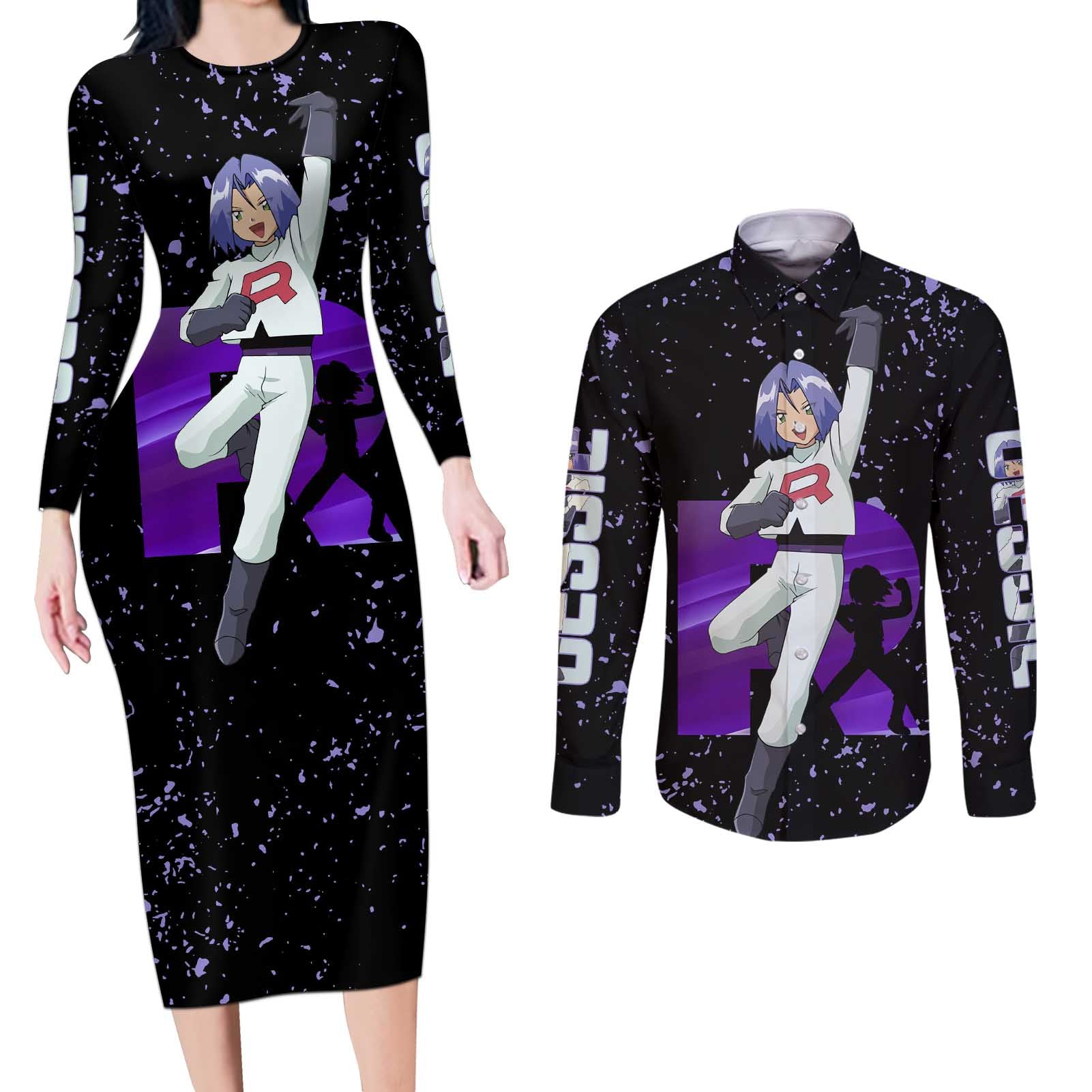 James Kojiro - Pokemon Couples Matching Long Sleeve Bodycon Dress and Long Sleeve Button Shirt Anime Style