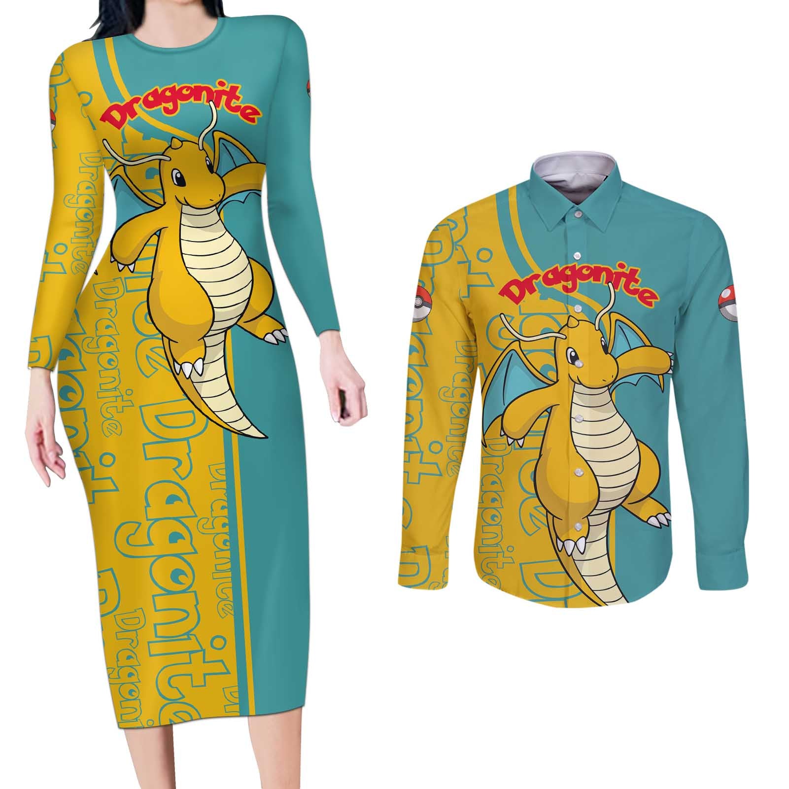 Dragonite - Pokemon Couples Matching Long Sleeve Bodycon Dress and Long Sleeve Button Shirt Anime Style