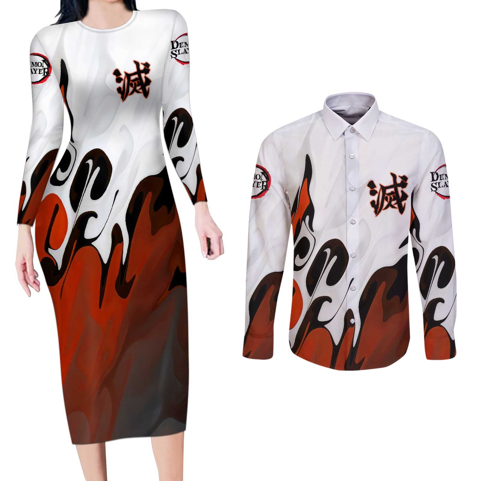 Rengoku Kyojuro - Demon Slayer Couples Matching Long Sleeve Bodycon Dress and Long Sleeve Button Shirt Anime Style