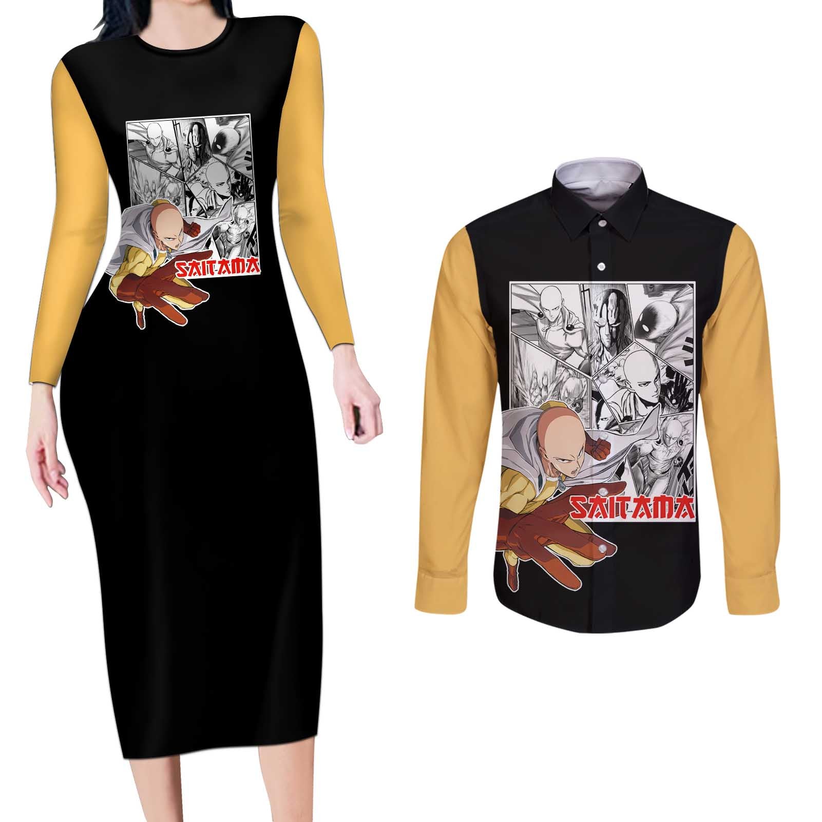 Saitama - One Punch Man Couples Matching Long Sleeve Bodycon Dress and Long Sleeve Button Shirt Anime Mix Manga Style