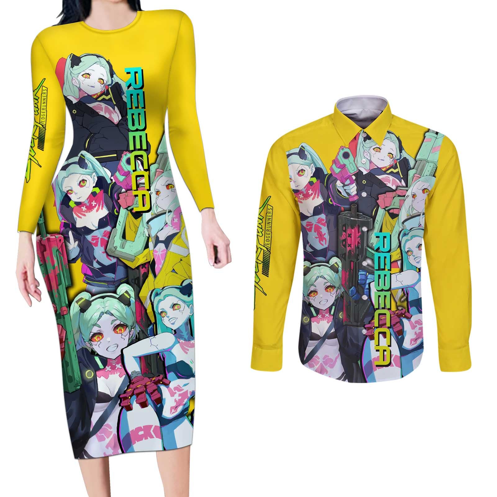 Rebecca - Cyberpunk: Edgerunners Couples Matching Long Sleeve Bodycon Dress and Long Sleeve Button Shirt Anime Style