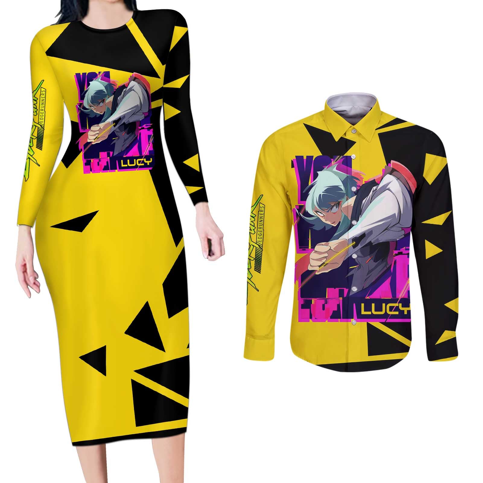 Lucy - Cyberpunk Edgerunners Couples Matching Long Sleeve Bodycon Dress and Long Sleeve Button Shirt Anime Style