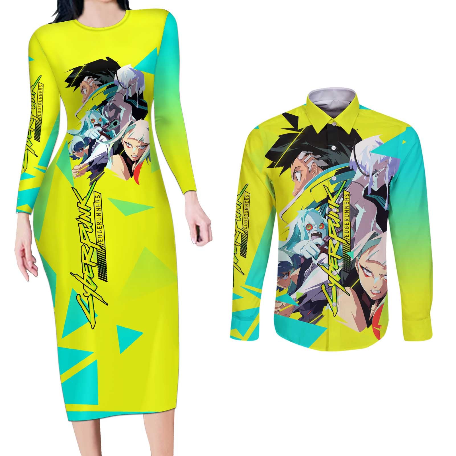 David and Lucy and Rebecca - Cyberpunk Edgerunners Couples Matching Long Sleeve Bodycon Dress and Long Sleeve Button Shirt Anime Style