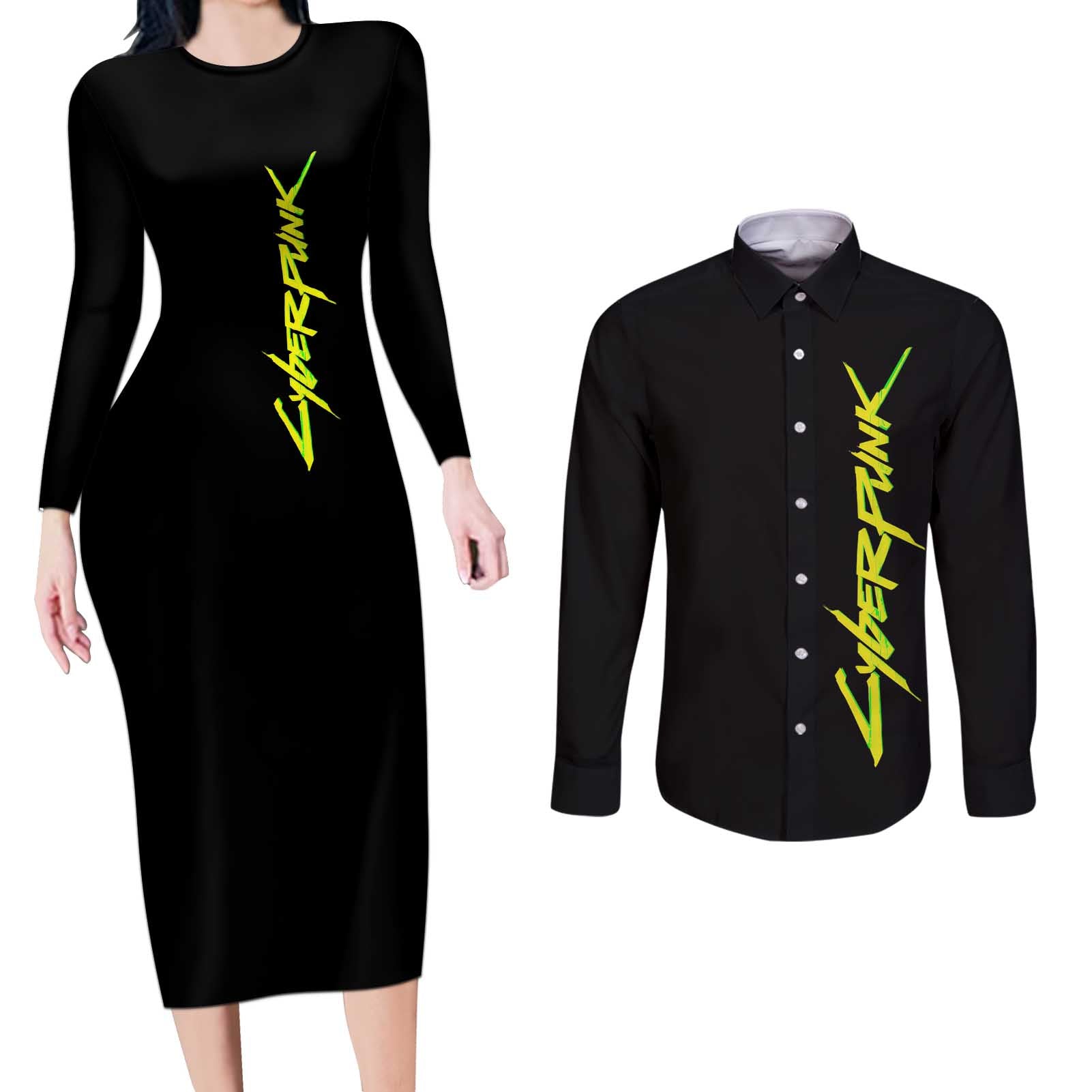 Samurai - Cyberpunk Couples Matching Long Sleeve Bodycon Dress and Long Sleeve Button Shirt Anime Style