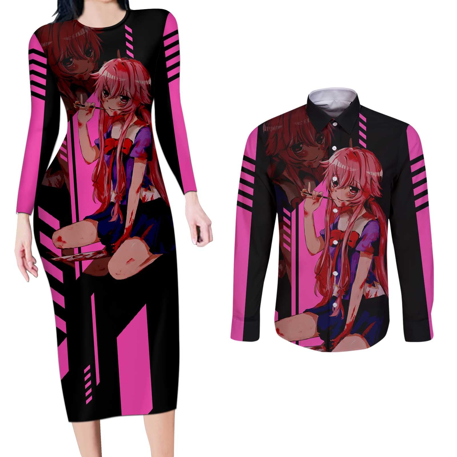 Mirai Nikki - Future Diary Couples Matching Long Sleeve Bodycon Dress and Long Sleeve Button Shirt Anime Style