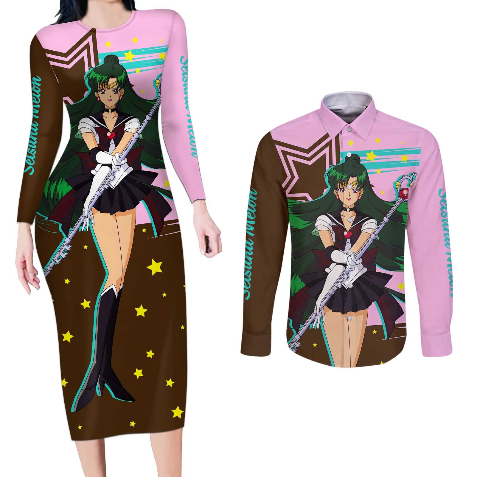 Sailor Pluto Setsuna Meioh - Sailpor Moon Couples Matching Long Sleeve Bodycon Dress and Long Sleeve Button Shirt Anime Style