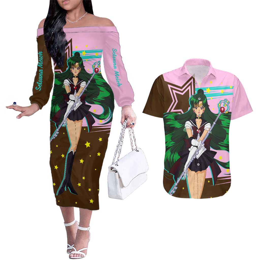 Sailor Pluto Setsuna Meioh - Sailpor Moon Couples Matching Off The Shoulder Long Sleeve Dress and Hawaiian Shirt Anime Style