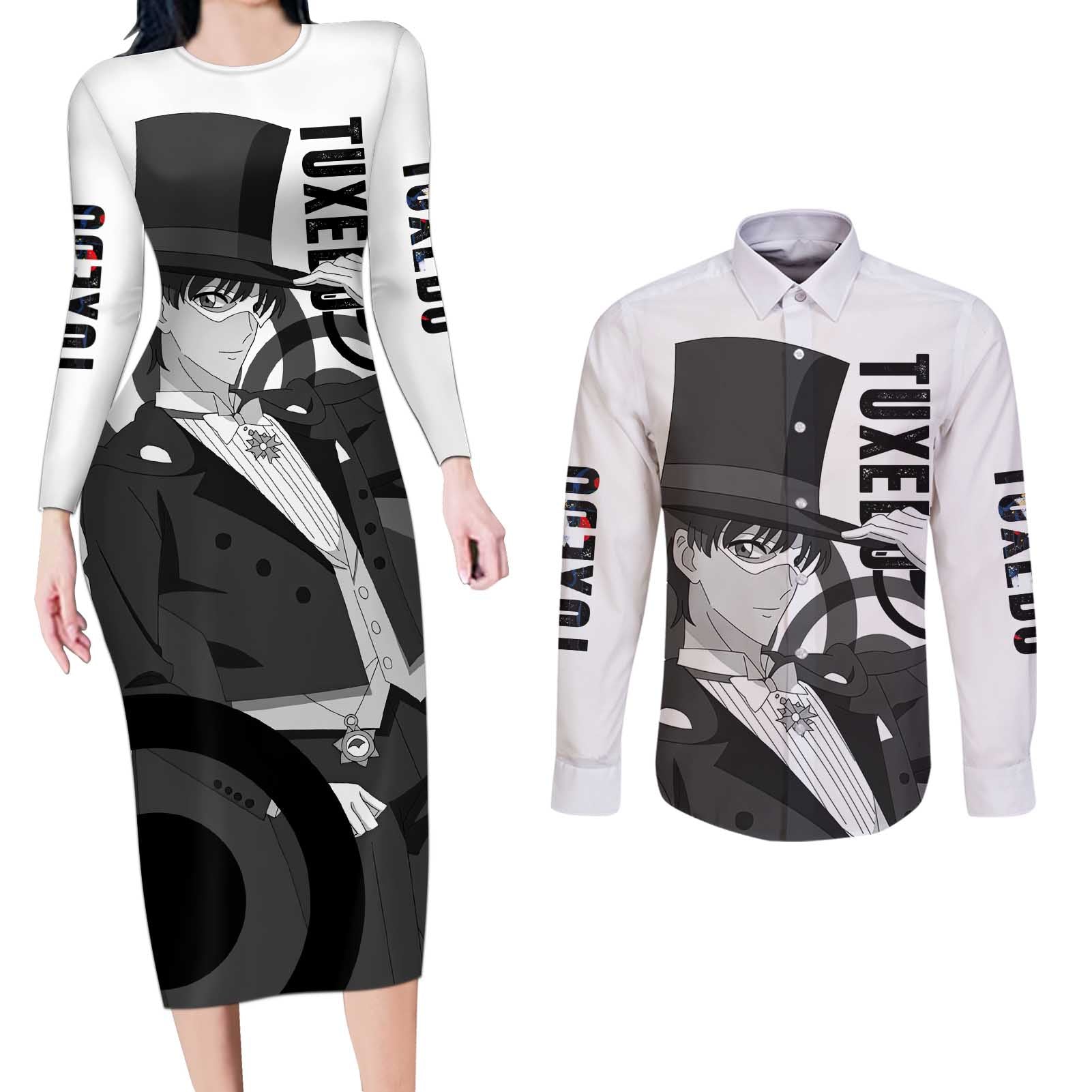 Tuxedo - Sasilor Moon Couples Matching Long Sleeve Bodycon Dress and Long Sleeve Button Shirt Anime Style