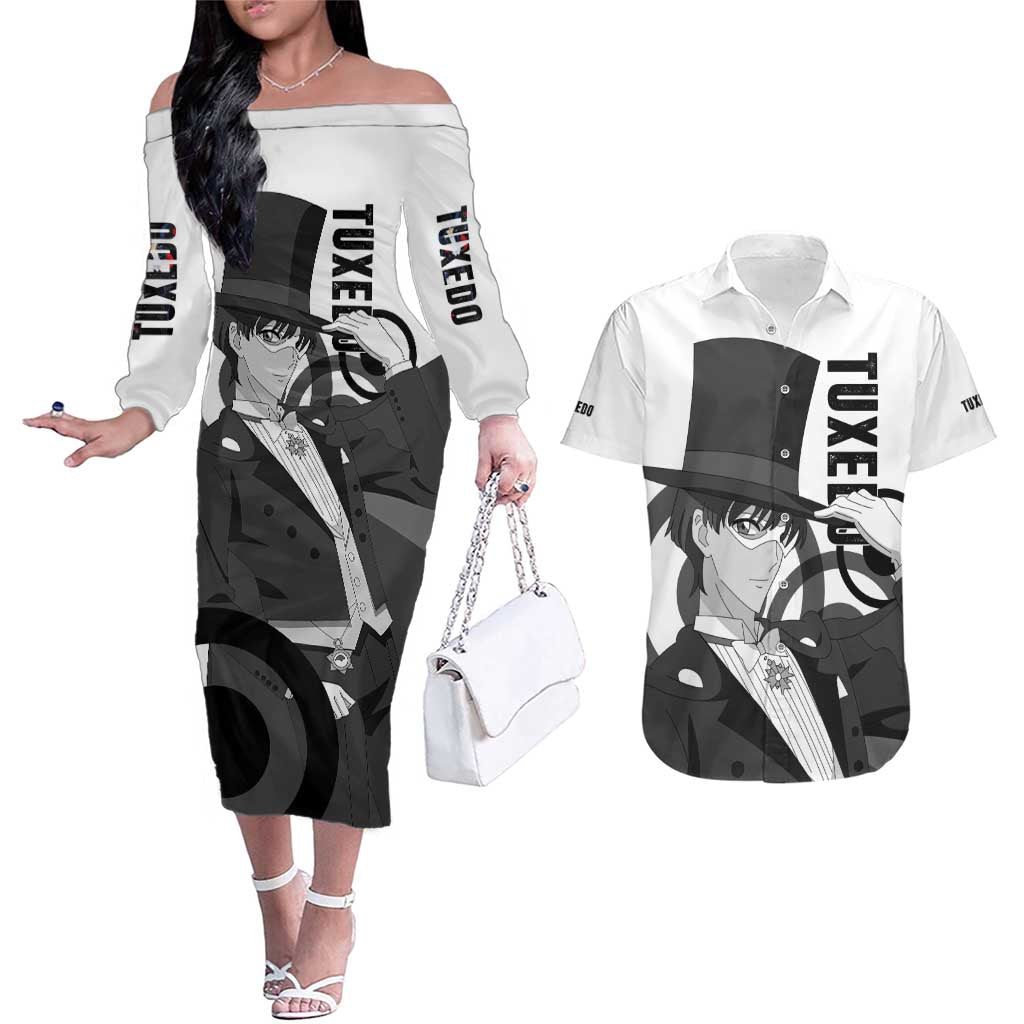 Tuxedo - Sasilor Moon Couples Matching Off The Shoulder Long Sleeve Dress and Hawaiian Shirt Anime Style