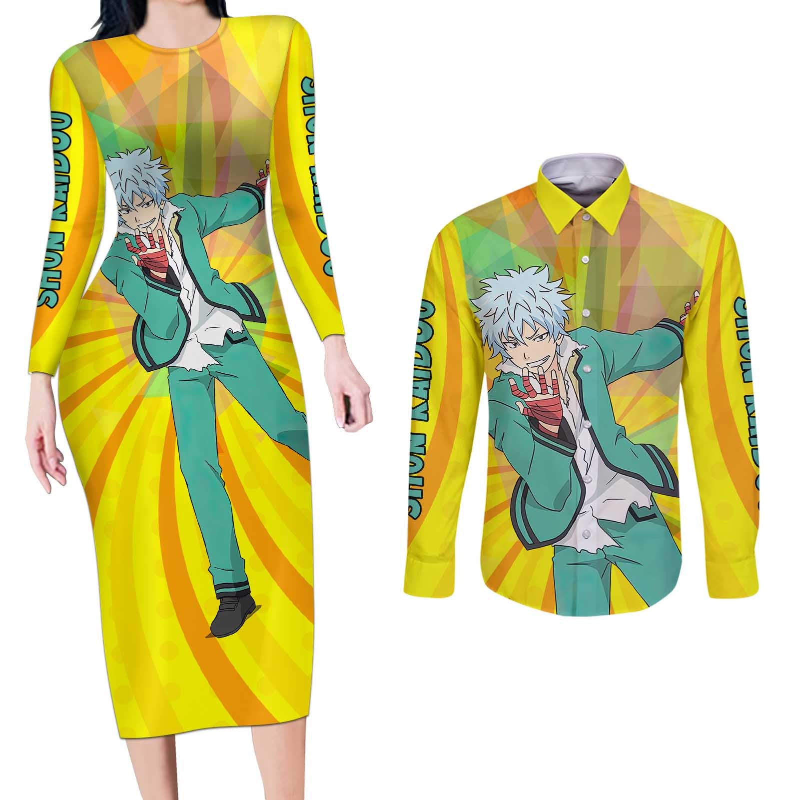 Shun Kaidou - Saiki K Couples Matching Long Sleeve Bodycon Dress and Long Sleeve Button Shirt Anime Style