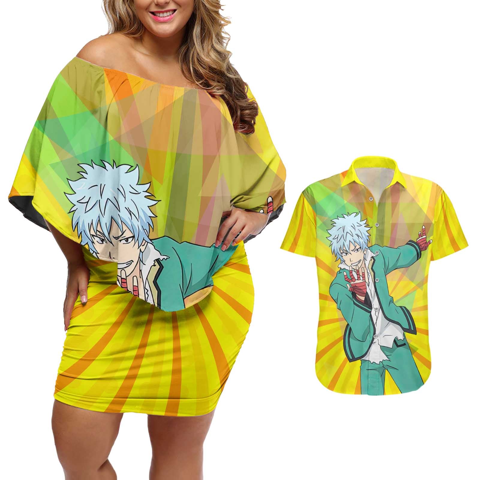 Shun Kaidou - Saiki K Couples Matching Off Shoulder Short Dress and Hawaiian Shirt Anime Style