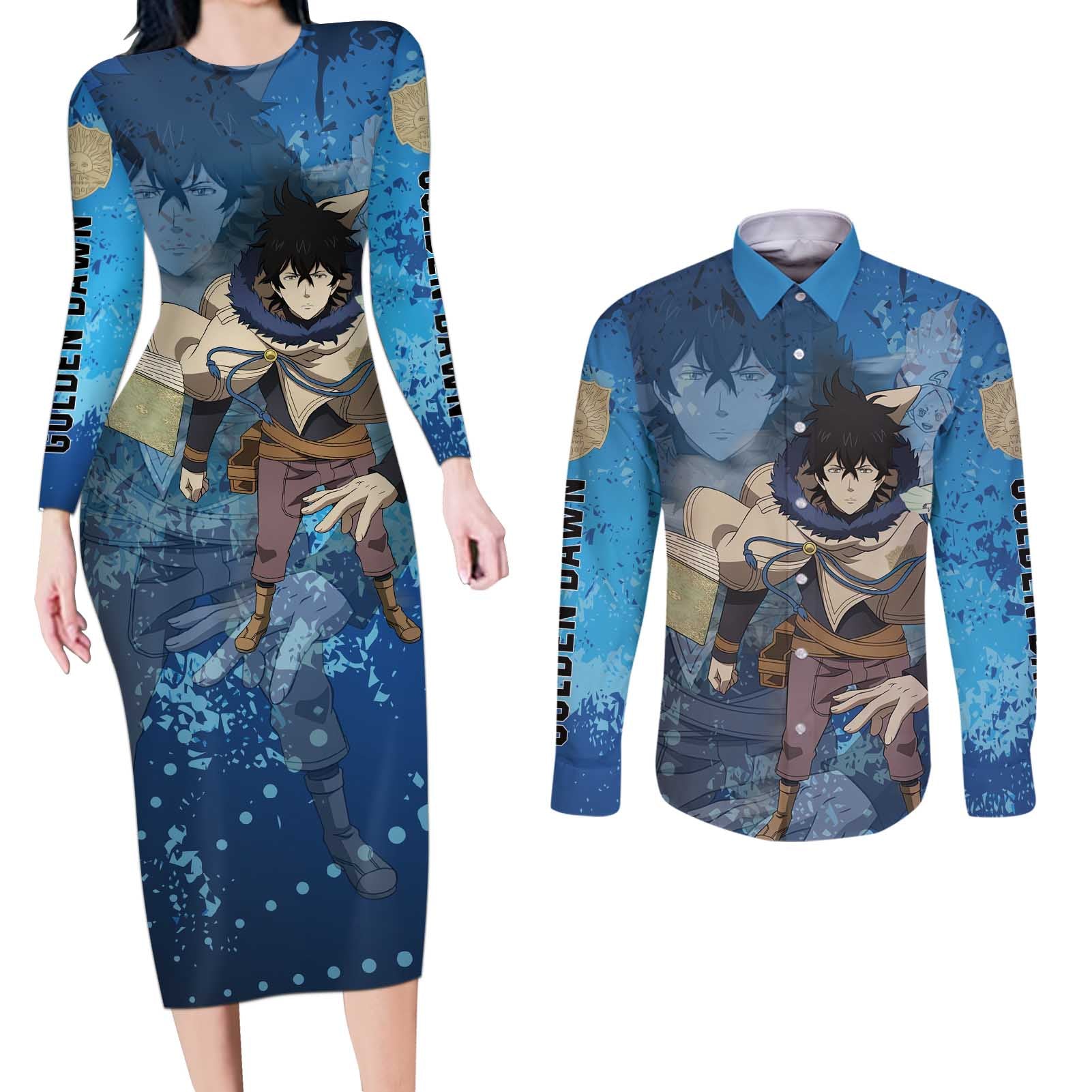 Golden Dawn Yuno - Black Clover M Couples Matching Long Sleeve Bodycon Dress and Long Sleeve Button Shirt Anime Style