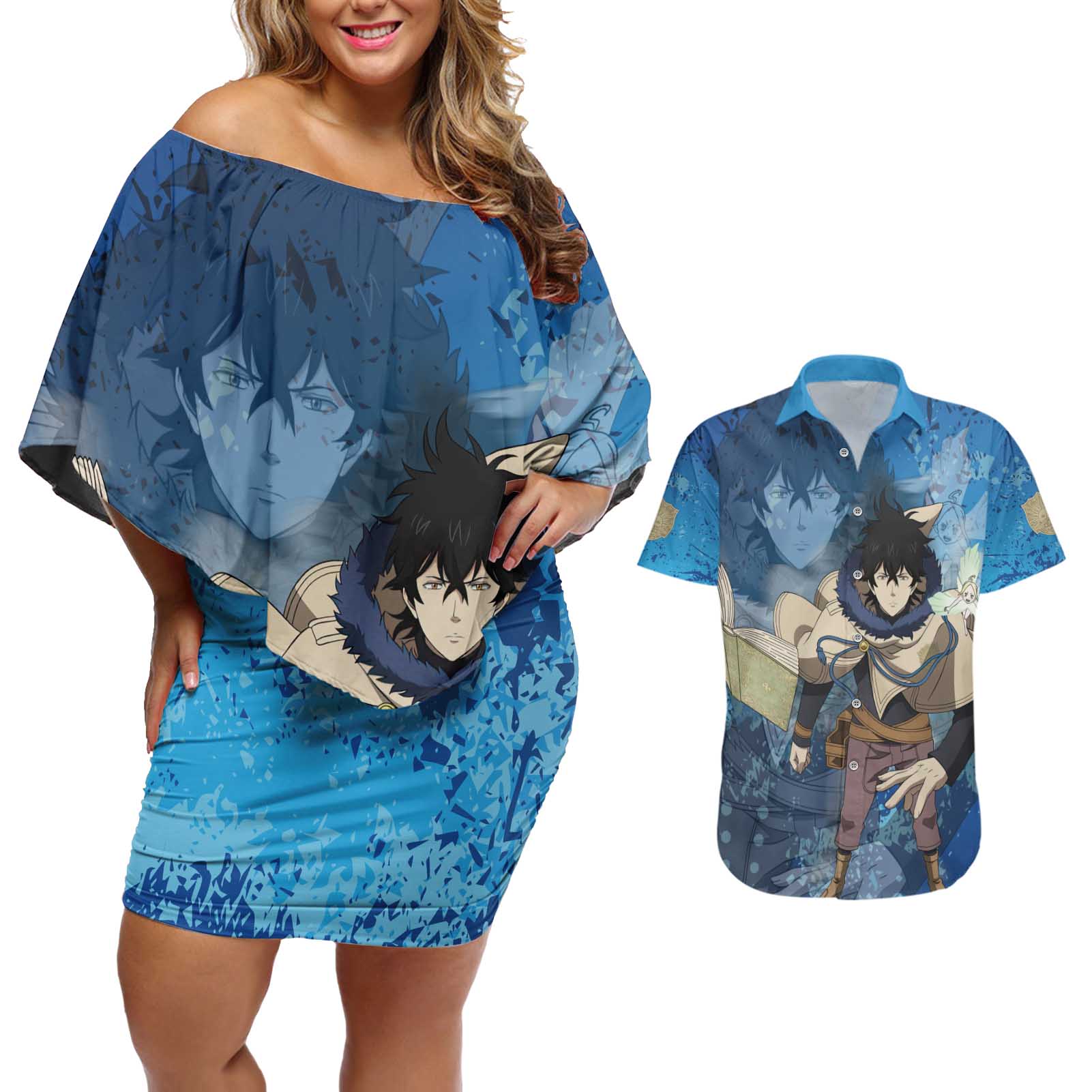 Golden Dawn Yuno - Black Clover M Couples Matching Off Shoulder Short Dress and Hawaiian Shirt Anime Style