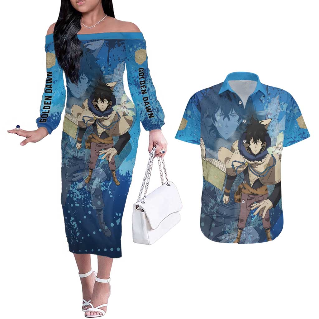 Golden Dawn Yuno - Black Clover M Couples Matching Off The Shoulder Long Sleeve Dress and Hawaiian Shirt Anime Style