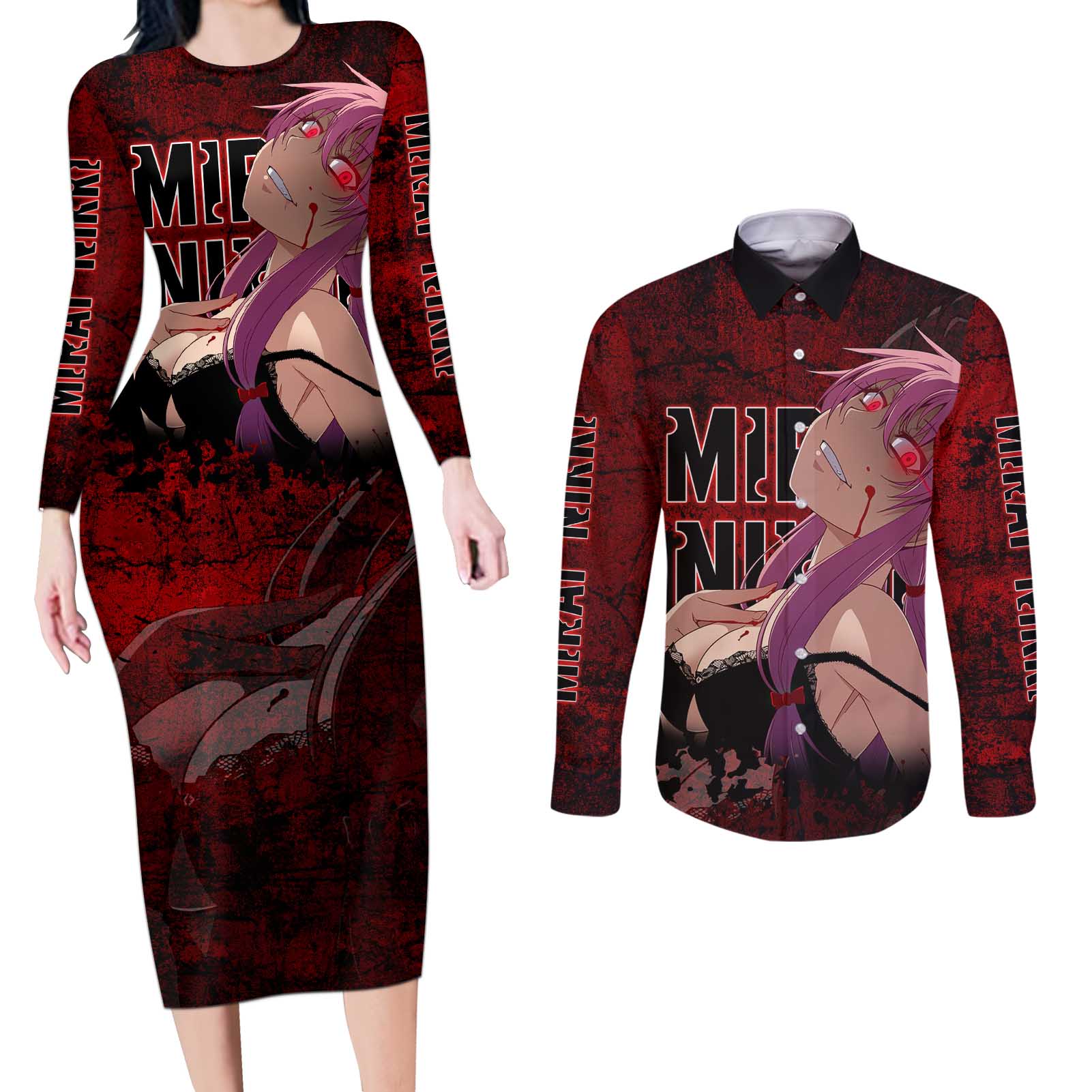 Yuno Gasai - Future Diary Couples Matching Long Sleeve Bodycon Dress and Long Sleeve Button Shirt Anime Style