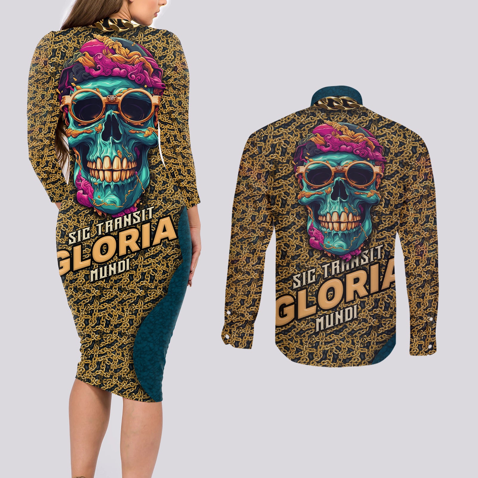 skull-gang-couples-matching-long-sleeve-bodycon-dress-and-long-sleeve-button-shirts-sic-transit-gloria-mundi