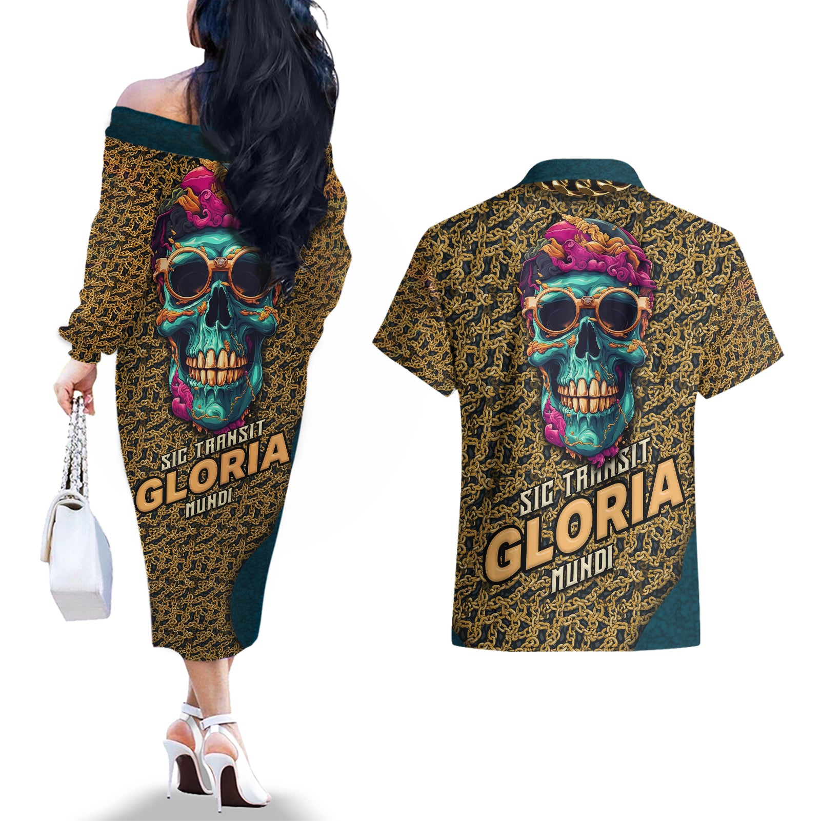 skull-gang-couples-matching-off-the-shoulder-long-sleeve-dress-and-hawaiian-shirt-sic-transit-gloria-mundi