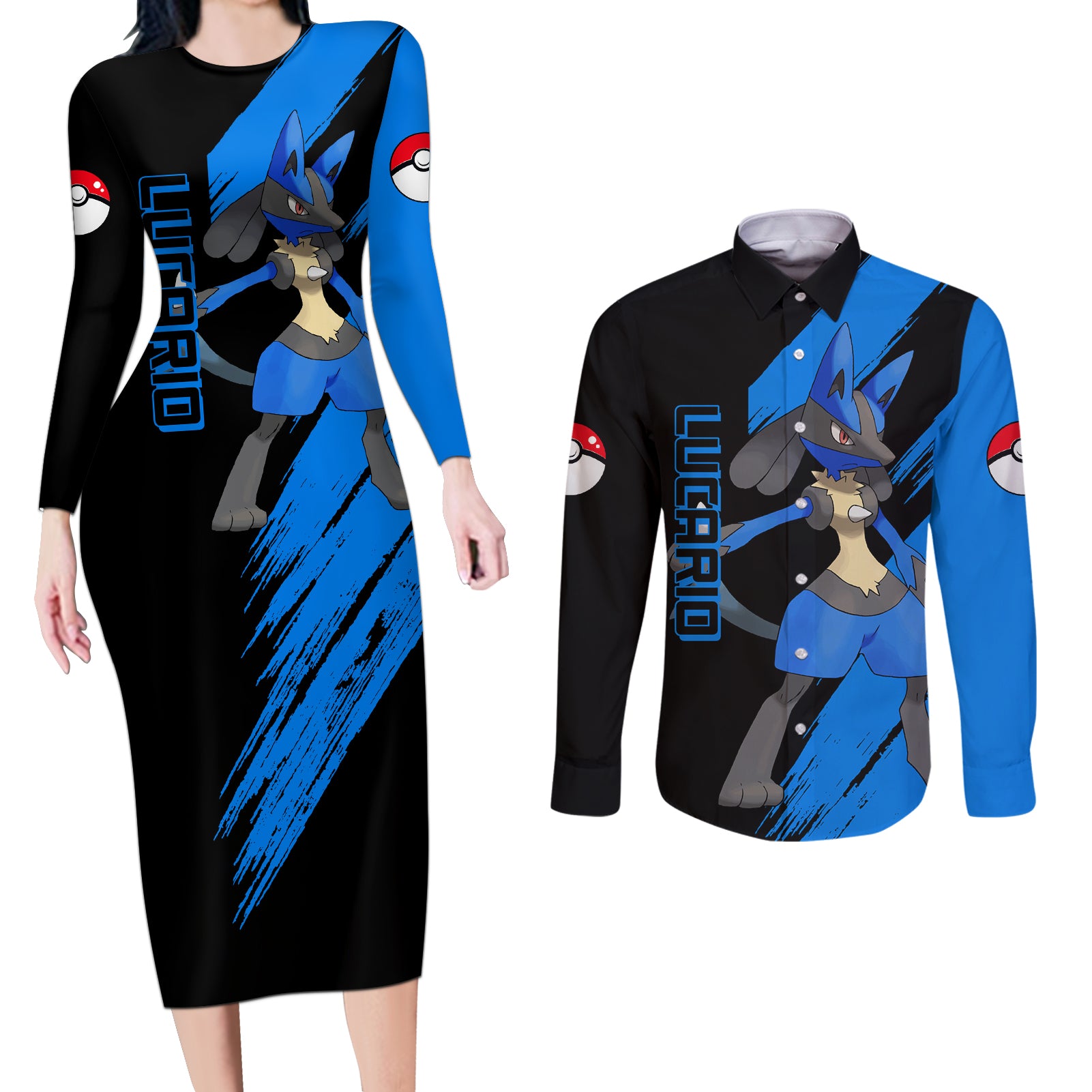 Lucario mix Mega Evolved Couples Matching Long Sleeve Bodycon Dress and Long Sleeve Button Shirt