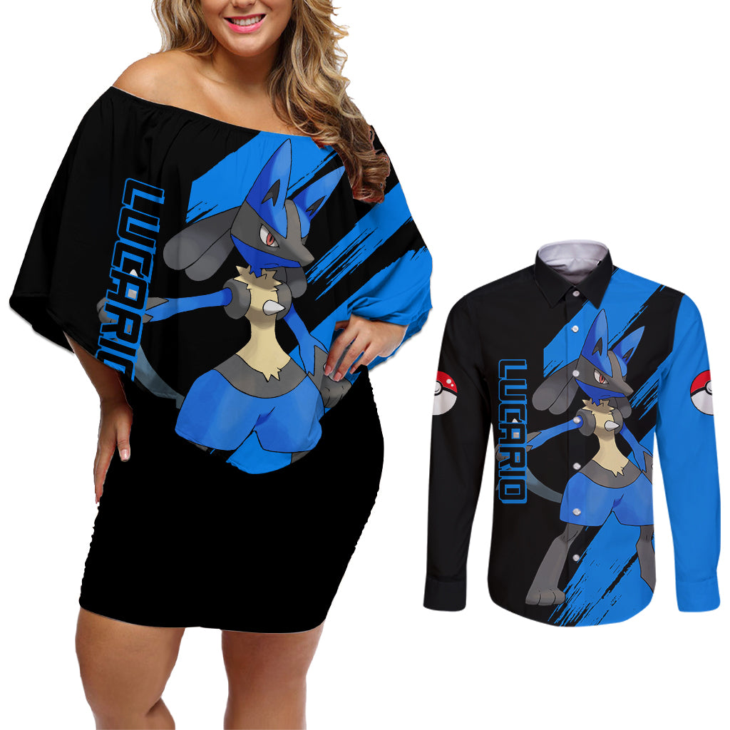 Lucario mix Mega Evolved Couples Matching Off Shoulder Short Dress and Long Sleeve Button Shirt