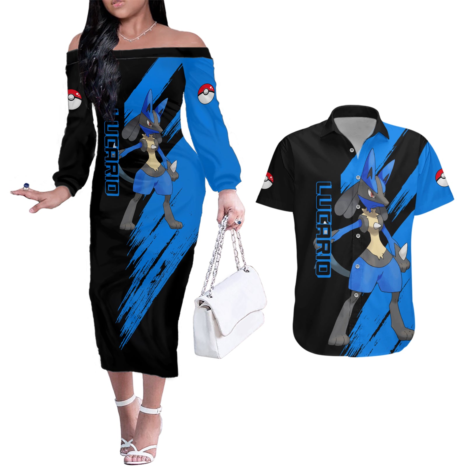 Lucario mix Mega Evolved Couples Matching Off The Shoulder Long Sleeve Dress and Hawaiian Shirt